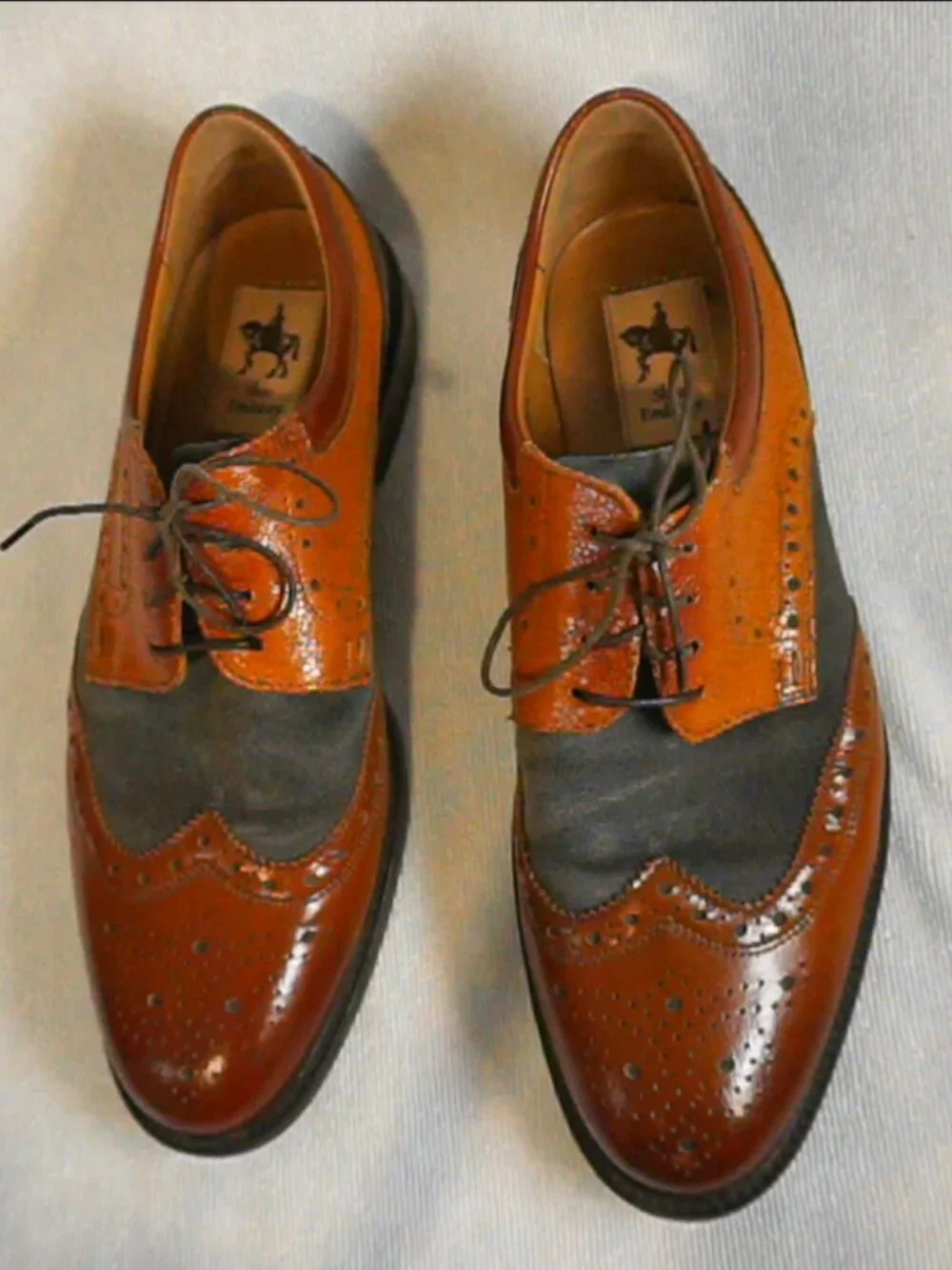 London Embassy men's two-tone wingtip Oxford dress shoes brown and gray leather,